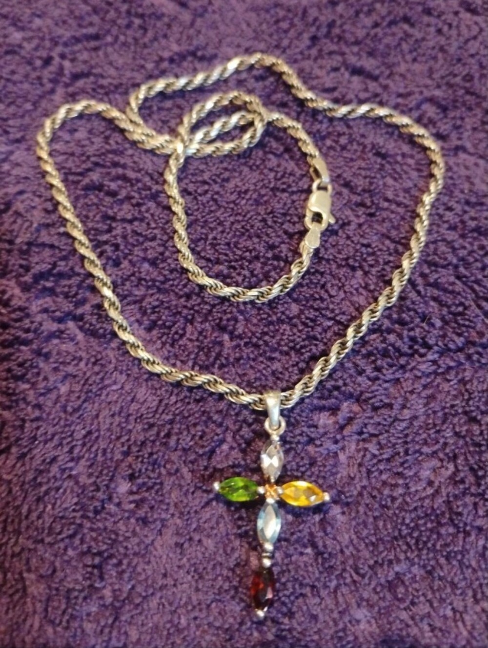 Vintage SU 925 Sterling Silver Multi-Gemstone Cross Pendant Necklace